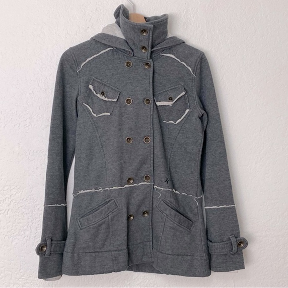 Hurley Gray Grungy Raw Hem Coat with Detachable Hoodie, Size S